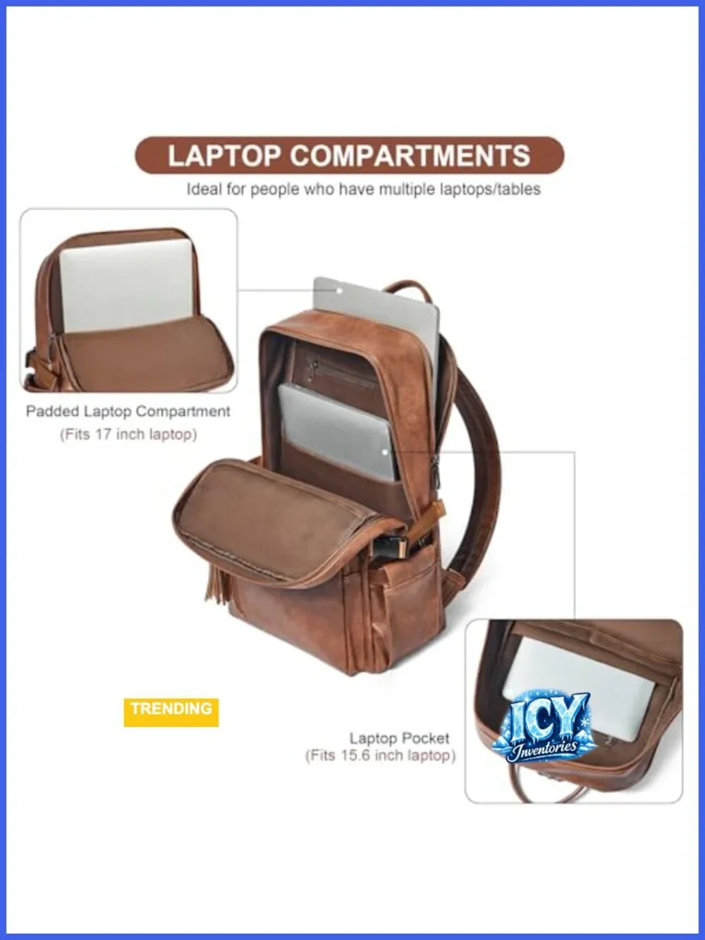 Vegan Leather Laptop Backpack with Anti-Theft Pocket and Tumbler Holder